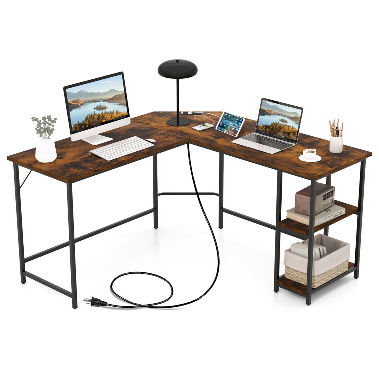 L Shaped Corner Computer Desk 54.5 Office Workstation W/ 2 Outlets And Usb Ports
